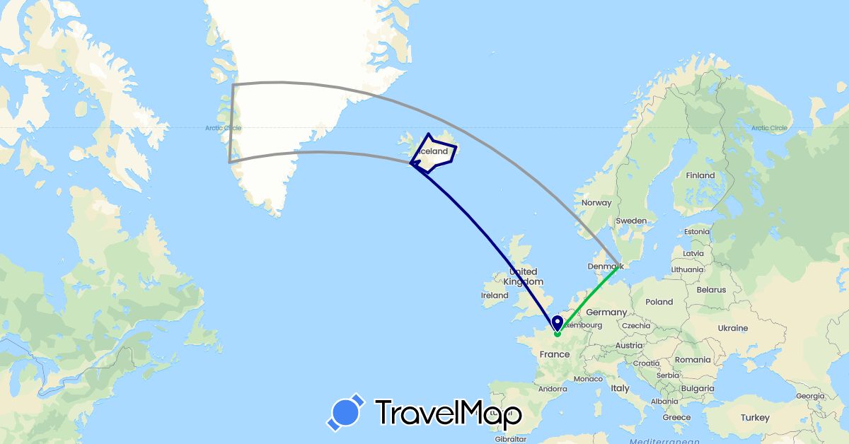 TravelMap itinerary: driving, bus, plane in Denmark, France, Greenland, Iceland (Europe, North America)